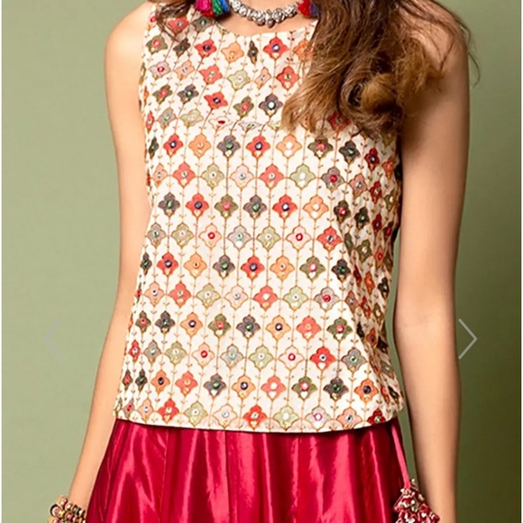 NWT Ivory And Metallic Coral Top And Box Pleat Palazzo Set - Picture 2 of 5